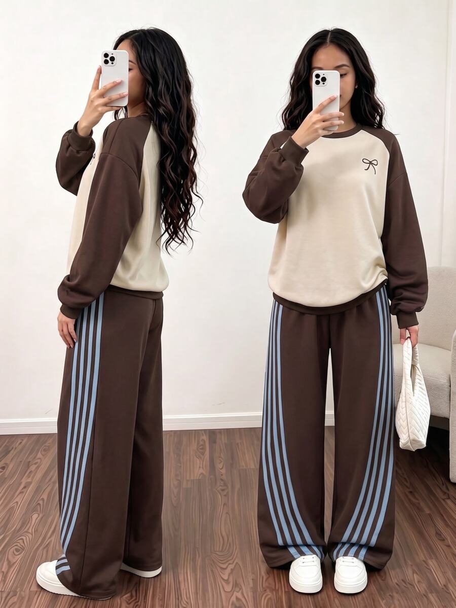 SHEIN 青少年女孩秋季套裝 粉色與酒紅色拼色插肩袖圓領運動衫搭配側條紋寬腿運動長褲 2件套 - 棕色 - 查看 1