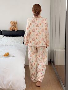 Napfluff Cute Gingerbread Man & Little Cabin Print Lapel Pajama Set, Long Sleeve Long Pants Casual Comfortable Loungewear - Yellow - View 2
