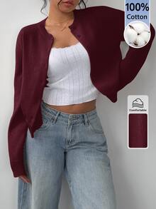 SHEIN BASICS 女款素色長袖單排扣休閒針織開襟衫 - 酒紅色 - 查看 5