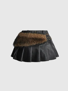 ROMWE EDITION Y2K 女款性感辣妹復古棕色人造毛拼接 PU 極短裙 - 黑色 - 查看 2