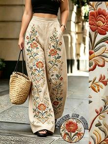 Linhara CURVE Women's Bohemian Style Embroidered Printed Wide Leg Pants, Loose Linen Texture Casual Pants, Suitable For Vacation Wear Fall - Multicolor - View 1
