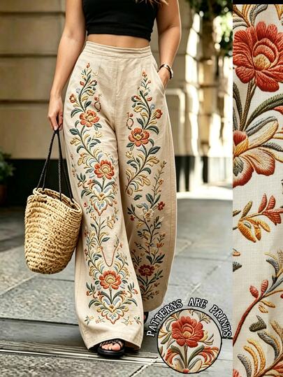 Linhara CURVE Celana Panjang Wanita Gaya Bohemian dengan Bordir dan Motif Cetak, Celana Kasual Longgar Bertekstur Linen, Cocok untuk Liburan