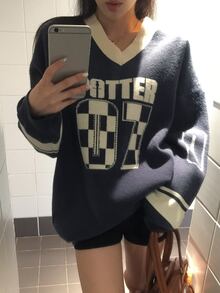 DAZY Women's Casual Letter Pattern Sweater, Autumn/Winter Cute Tops - Navy Blue - View 4