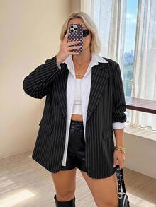 SHEIN CURVE+ 大尺碼女款長袖休閒通勤條紋西裝外套 - 黑色 - 查看 4