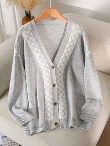 CosyJoli Light Gray & White Diamond Jacquard V-Neck Knit Cardigan Women's Loose Button-Up Sweater Jacket, Autumn/Winter - Light Grey - View 4