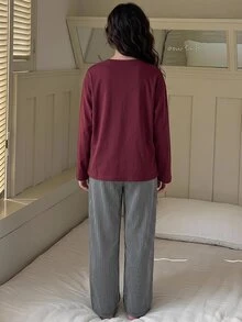 DAZY 長袖T恤風格格紋休閒褲 寬鬆直筒百搭長褲 適合前青春期女孩居家休閒穿著 - 酒紅色 - 查看 2