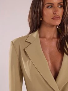 SHEIN BAE 優雅獨特商務專業鈕扣長袖夾克與休閒長褲套裝，辦公室企業商務卡其色夏季款 - 卡其色 - 查看 7