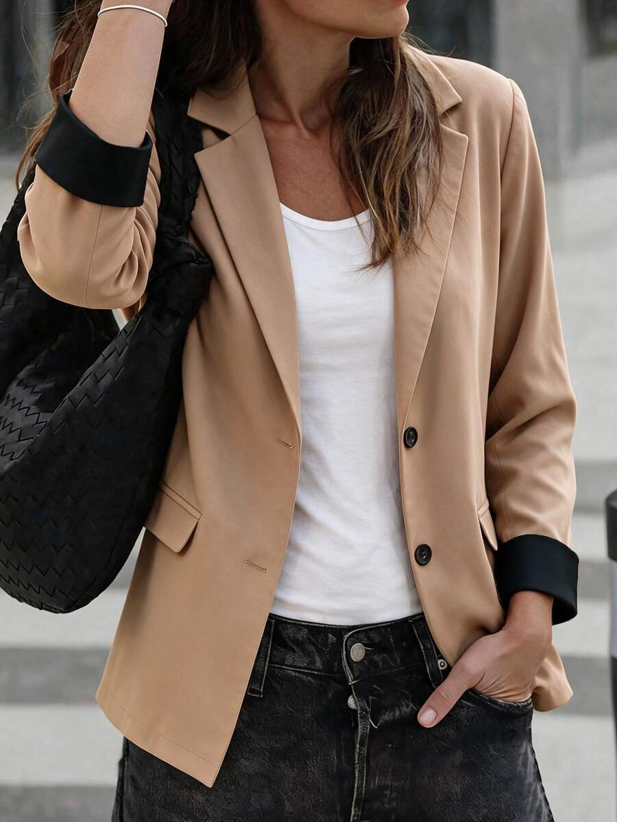 Louniche Women's Colorblock Cuff Lapel NeckSingle-Breasted Casual Blazer - Khaki - View 1