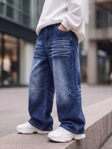 SHEIN 青少年男孩牛仔休閒街頭風日常都市街頭風格彈性腰破損直筒寬腿牛仔褲，適合學校假期，藍色，夏季 - 深色水洗藍 - 查看 8