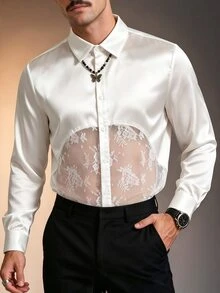 ZURIURI Men's Lace Patchwork Elegant Casual Shirt - White - View 1