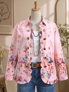 Rusticease Plus Size Vintage Floral Print Ruffle Collar Button Front Jacket Fall Winter 2026 - Multicolor - View 10