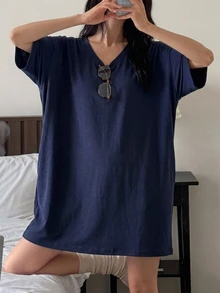 DAZY Minimalist Solid Color Loose V-Neck T-Shirt Style Women's Loungewear Dress Fall - Navy Blue - View 6