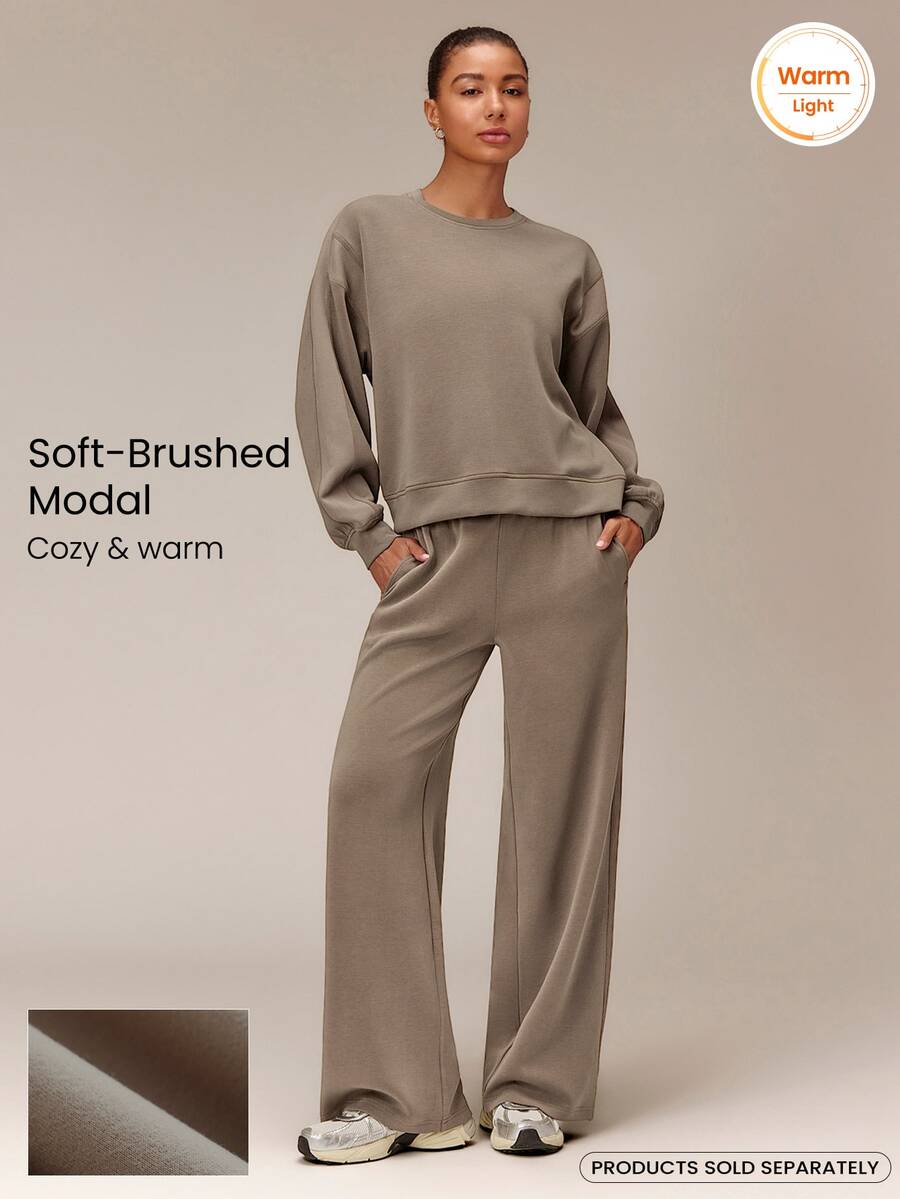 GLOWMODE Soft-Brushed Modal Just Relax Raglan Sweatshirt With Ribbed Side Panels & Side Split Hem Daily Casual Travel Vacation Wear - Olive Brown - View 1