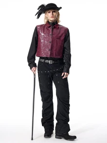 ROMWE MEN Casual Men's Solid Color PU Leather Fashion Versatile Suit Vest - Burgundy - View 6