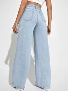 SHEIN PETITE Women's High Waist Straight Leg Loose Casual Denim Jeans With Pockets - Light Wash - View 2