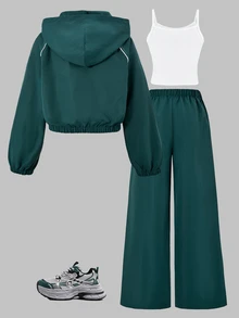SHEIN 3件組 青少年女孩海軍藍返校系列 藍色條紋飾邊連帽拉鍊外套、背心與寬鬆褲套裝 - 墨綠色 - 查看 2