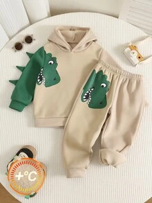 SHEIN 小男孩秋冬卡通恐龍 T-Rex 圖案連帽長袖運動衫與彈性腰鬆緊慢跑褲 2 件套 - 彩色 - 查看 1