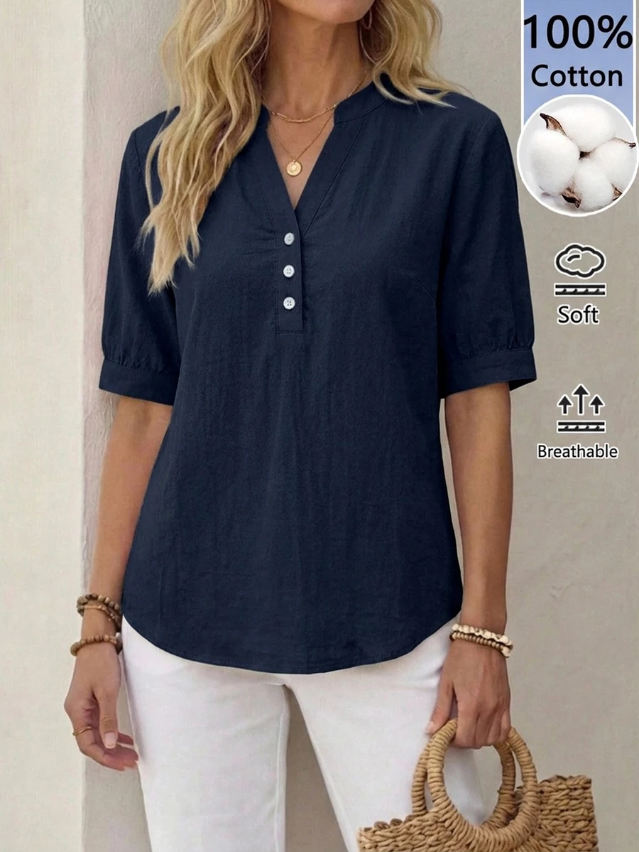SHEIN LUNE 女款 100% 純棉軍風海軍藍襯衫,適合夏季工作、通勤、休閒、度假穿著 - 藏蓝色 - 查看 1
