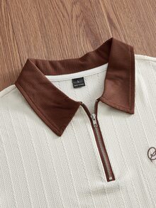 SWAVVY Men's Summer Casual Colorblock Patchwork Zip-Up Polo Shirt - Khaki - View 3