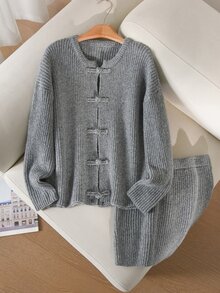Elaquor Plus Size Autumn/Winter Casual Solid Color Cardigan & Knit Skirt Set - Grey - View 4