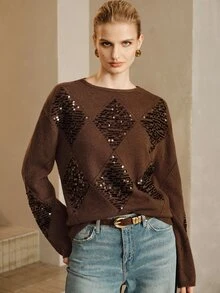 Arave Sweater Rajut Wanita Longgar Motif Argyle dengan Bordir Payet, Kasual Sehari-hari, Warna Polos, Serbaguna, Ukuran Besar, Leher Bulat, Lengan Panjang, Pullover - Coffee Brown - View 5