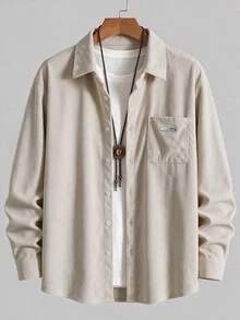 Manfinity Homme 男士單排扣休閒百搭長袖襯衫，適合日常穿著，男孩秋冬新款 Polo 衫 - 杏色 - 查看 2
