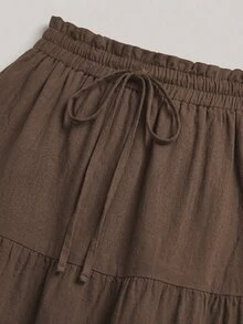 Lacomfia 女款春夏優雅休閒繫腰抽褶垂墜波希米亞高腰A字大碼分層黑色蛋糕裙 - 棕色 - 查看 7