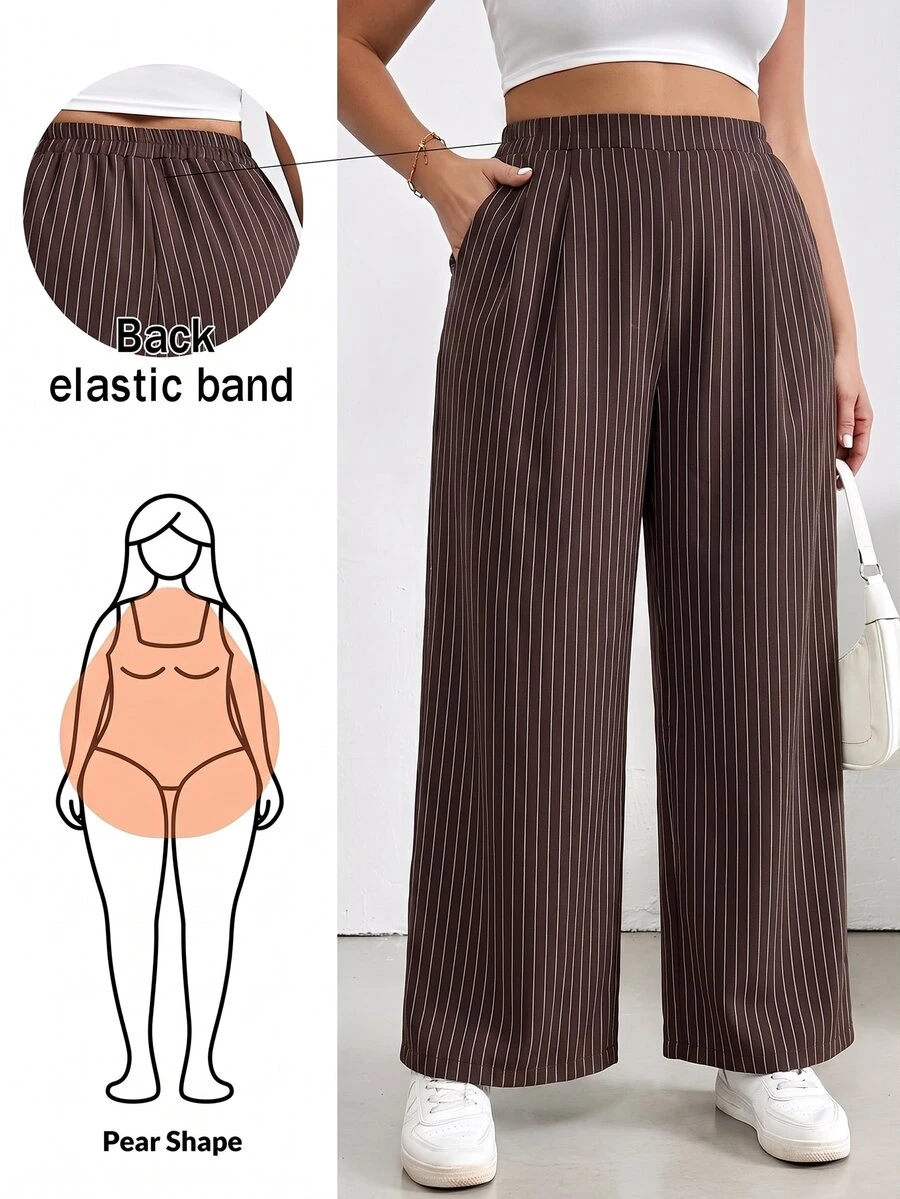 Shapeblank Celana Panjang Wanita Ukuran Besar Pinggang Tinggi Bergaris Kaki Lebar dengan Kantong - Coklat - View 1