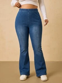 SHEIN MOD Plus Size Women's Elastic Waist Casual Versatile Flare Jeans - Medium Wash - View 4