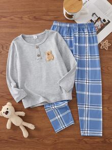 Young Boy Gray Long Sleeve Bear Patch Top & Plaid Pants Set Loungewear - Multicolor - View 3