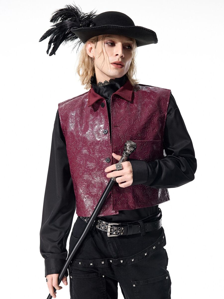 ROMWE MEN Casual Men's Solid Color PU Leather Fashion Versatile Suit Vest - Burgundy - View 1