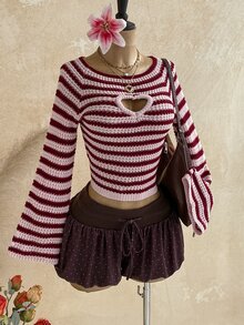 Soleia Women's Striped Heart Cutout Design Long Sleeve Cropped Sweater - Multicolor - View 5