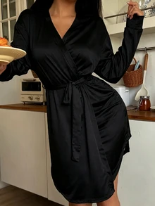 SHEIN 休閒舒適條紋印花大尺碼睡袍 - 黑色 - 查看 5