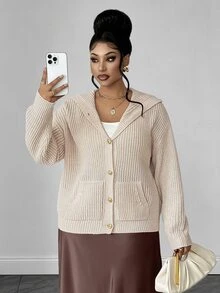 Maweii Plus Size Women's Hooded Button-Up Dual Pocket Casual Cardigan - Apricot - View 2