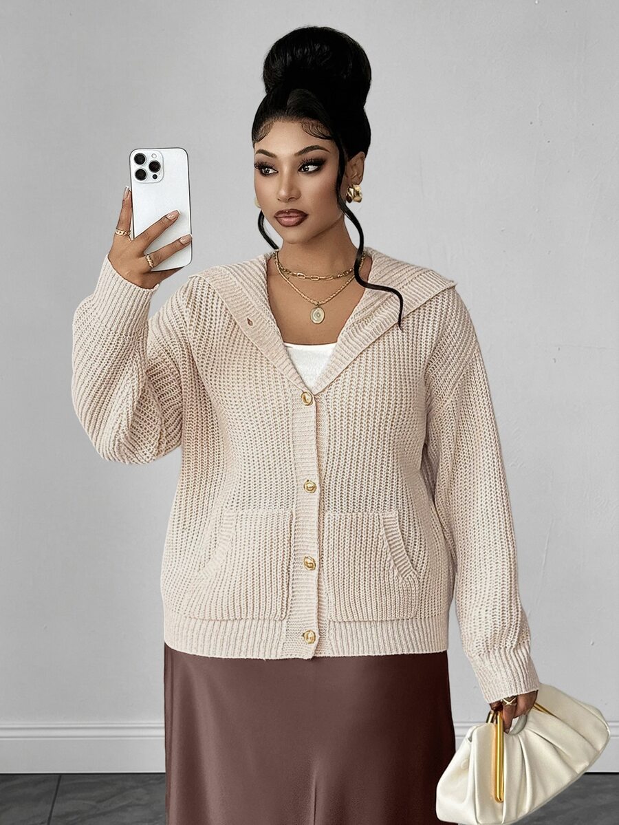 Maweii Plus Size Women's Hooded Button-Up Dual Pocket Casual Cardigan