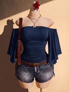 SHEIN ICON 女款大尺碼露肩荷葉袖時尚百褶上衣 - 藏蓝色 - 查看 5