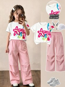 青少年女孩休閒度假時尚街頭日常通勤花卉印花短袖T恤寬腿工裝褲套裝，四季穿著，時尚百搭 - 彩色 - 查看 1
