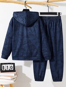 SHEIN 兒童青少年男孩休閒紮染卡通遊戲機圖案寬鬆連帽衫與運動褲套裝，基礎上衣，基礎下裝，適合秋冬季，校園、家庭聚會、度假、派對，秋季穿搭，冬季穿搭 - 彩色 - 查看 4