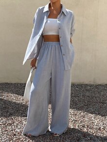 DAZY Women's Solid Color Shirt And Pants 2 Pieces Set For Vacation And Casual Wear Fall - Blue - View 6