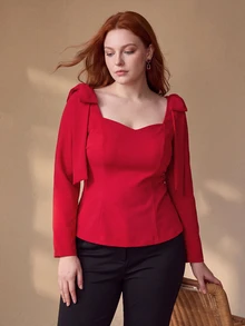 MOTF PREMIUM PLUS SIZE WOMEN'S BOWKNOT DECOR SWEETHEART NECKLINE TOP FALL - Red - View 1