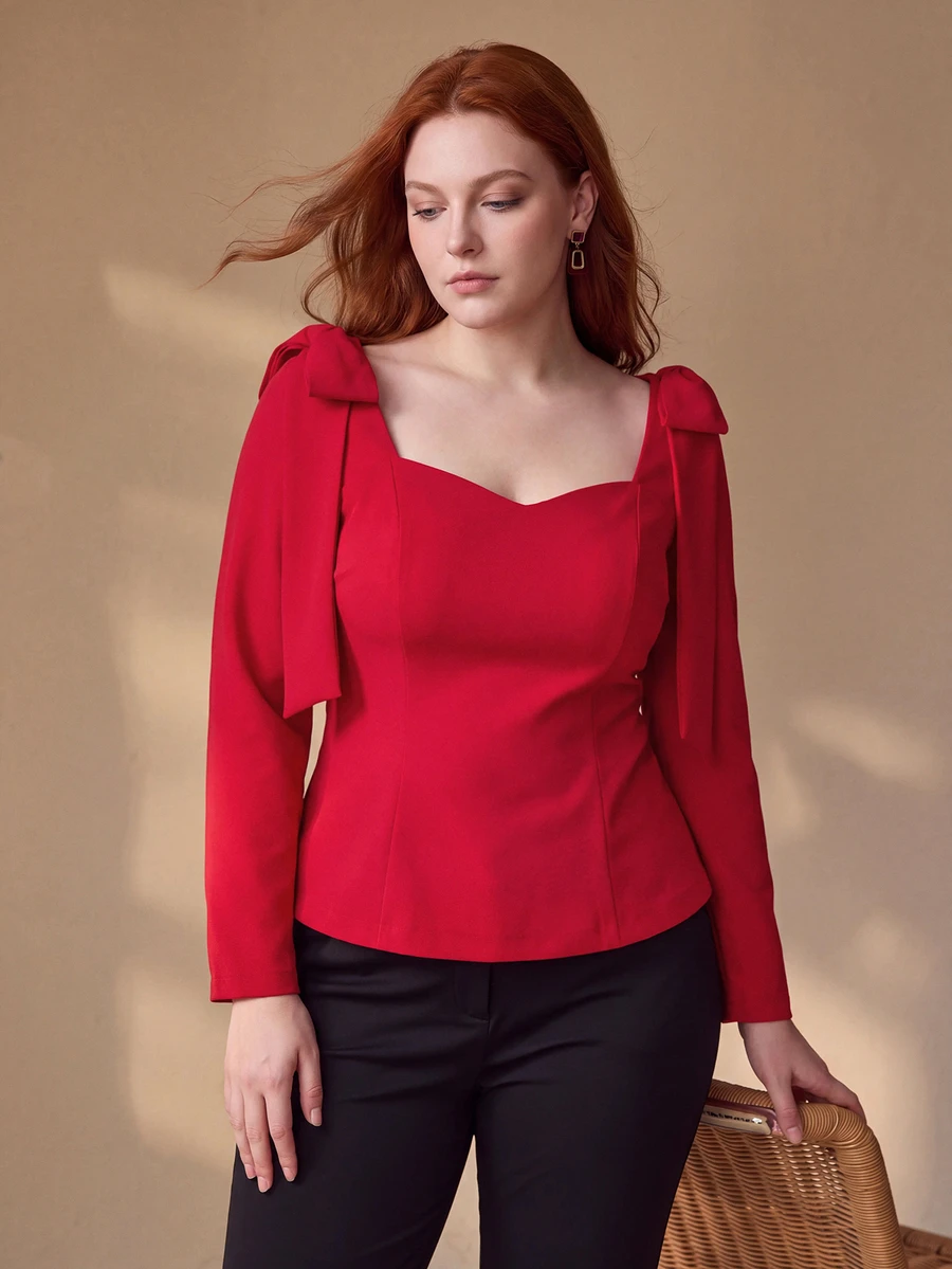 MOTF PREMIUM PLUS SIZE WOMEN'S BOWKNOT DECOR SWEETHEART NECKLINE TOP FALL - Red - View 1