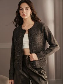 Anewsta Women's Solid Color Casual Versatile Daily Outing Cardigan - Coffee Brown - View 6