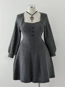Sunspun Plus Size Casual Heart Button Heart Pattern Knit A-Line Sweater Dress - Grey - View 6