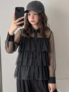Dazy Kids 少女時尚分層網紗設計鈕扣上衣，適合日常穿著 - 黑色 - 查看 4