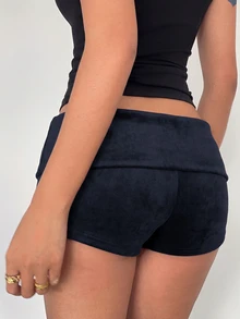 Aloruh 女款春夏海軍藍優雅性感辣妹街頭風 Y2K 前衛音樂節箔印捲腰短褲，沙灘俱樂部穿搭 - 藏蓝色 - 查看 2