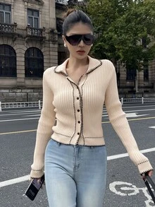 Livesso Women's Autumn Casual French Elegant Colorblock Trim Cardigan Work Brunch Black And White - Apricot - View 4
