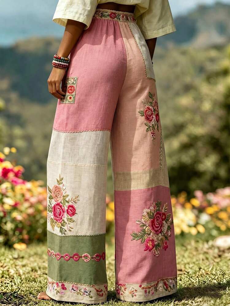 Selamara Bohemian Vacation Style Khaki Textured Casual Long Pants, Loose High Waist Elastic Waist Drawstring Draped Straight Leg Pants, Beach Casual Vacation Travel Wide Leg Pants - Multicolor - View 2
