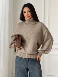 SHEIN PETITE Khaki Turtleneck Long-Sleeve Casual-Chic Commuter Sweater For Petite Women - Khaki - View 3