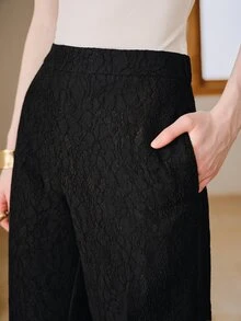 Anewsta Women's French Elegant Lace Embroidered High Waist Versatile Commute Slimming Flared Wide Leg Pants - Black - View 2