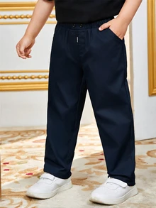 Tween Boy Casual Solid Color Woven Long Pants - Navy Blue - View 6